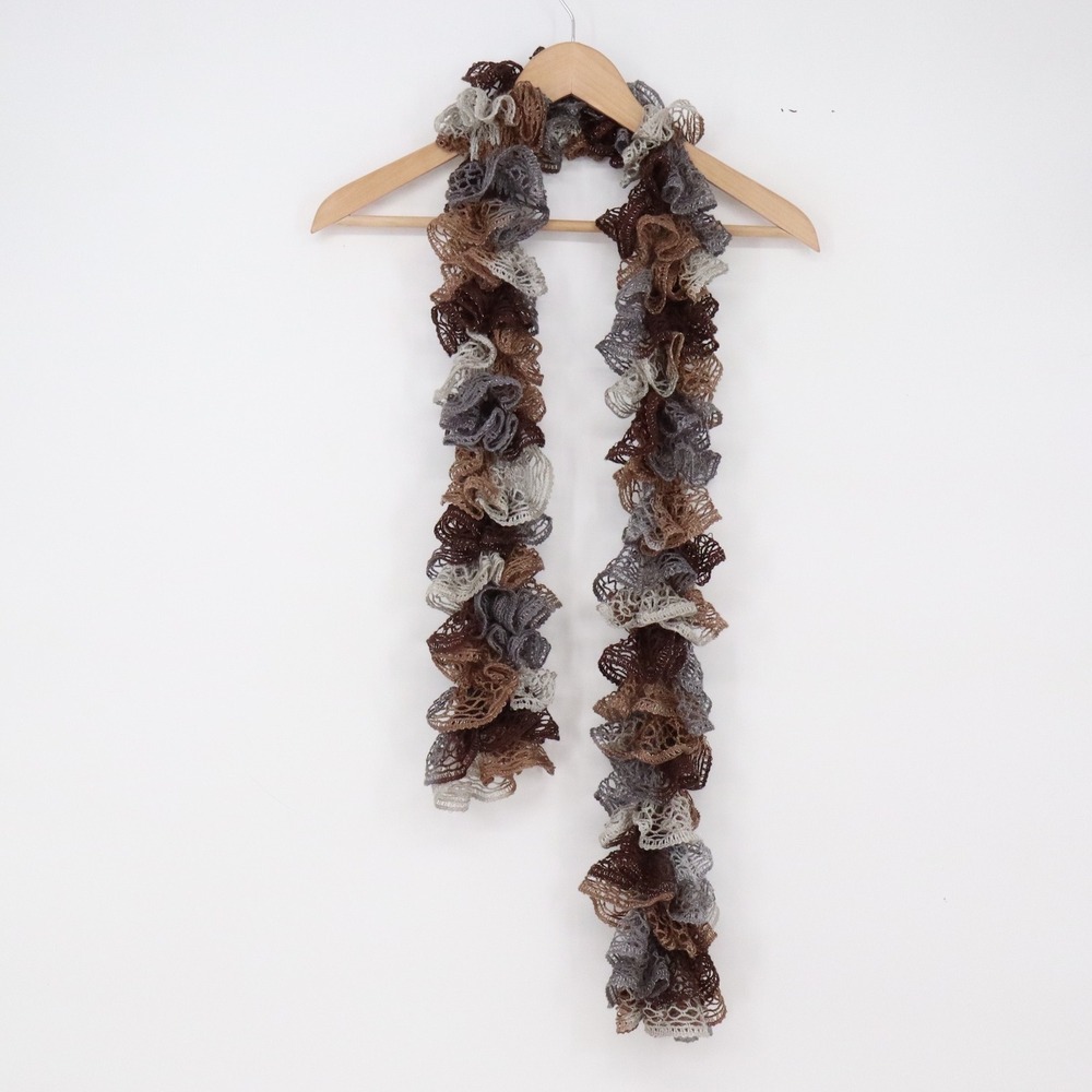 Unbranded Scarf Womens OS Ruffle Spiral Knit Brown Gray Earthy Boho Excellent